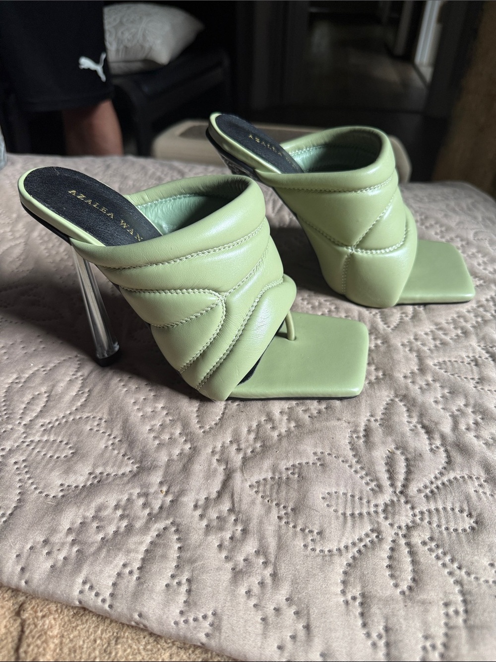 Azalea Wang Pistachio Quilted Square-Toe Mule Heels with Clear Stiletto